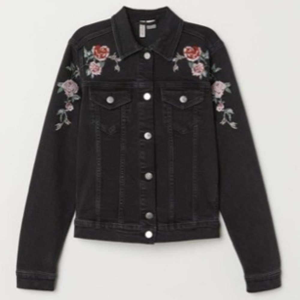 DONATED Divided by H&M Black Denim/Embroidered Roses Jacket